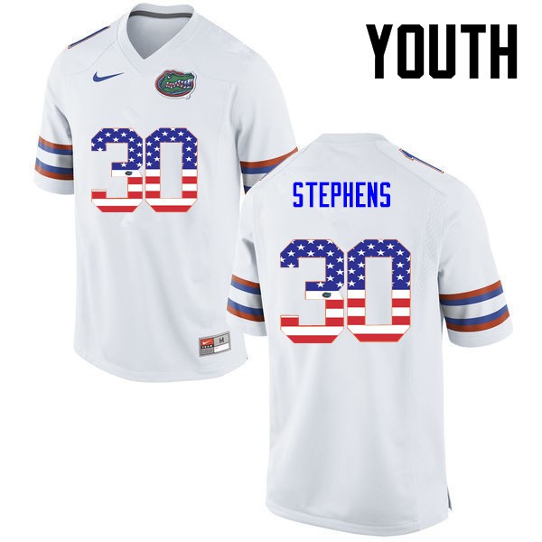 Florida Gators Youth #30 Garrett Stephens College Football Jersey USA Flag Fashion White
